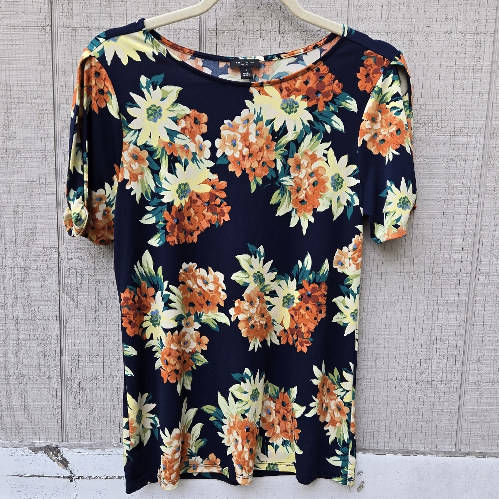 Ann Taylor Factory Floral Peek A Boo Sleeve Wrinkle Free Blouse Small